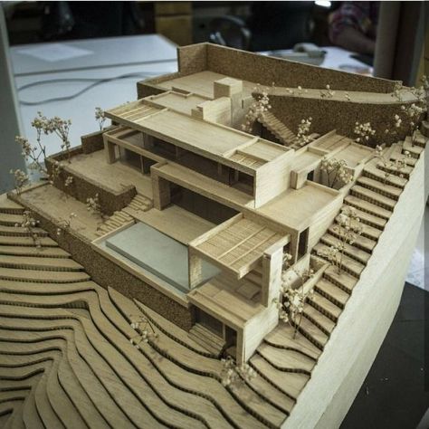 Maquette Architecture, Slope House, Model Architecture, Concept Models Architecture, Architecture Models, Hillside House, Wooden Architecture, Arch Model, Balsa Wood