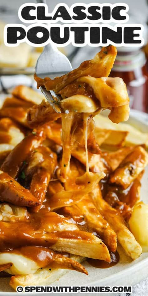 Bacon Poutine Recipe, Poutine Cheese Curds, New York Fries Gravy Recipe, Gravy Cheese Fries, Hamburger Poutine French Fries, How To Make Poutine Gravy, Gluten Free Poutine, Fries With Gravy And Cheese Poutine, French Fries With Gravy