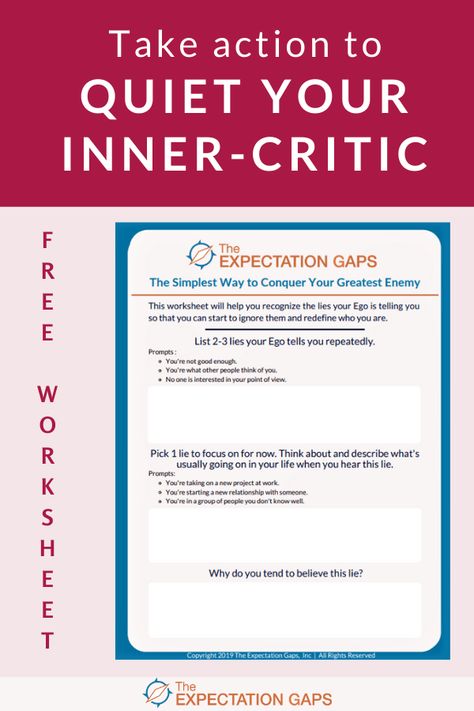 To quiet your inner critic, you need to gain an understanding of it. Our full-length post will give you inspiration, and our FREE WORKSHEET will help you go from inspiration to action. You can stop settling and start living today! #printableworksheets #innercritic #intentionalliving #selfawareness #selfdevelopmentplan #personalgrowth #theexpectationgaps Inner Critic Worksheet, Life Binder Printables, How To Become Happy, Self Esteem Activities, Mental Health Activities, Life Changing Habits, Inner Critic, Life Binder, Coaching Tools