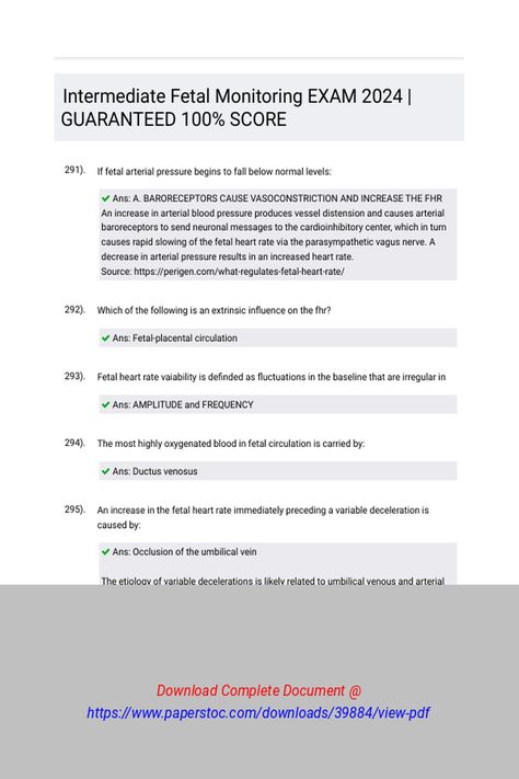 Intermediate Fetal Monitoring EXAM 2024  GUARANTEED 100 SCORE 
 If fetal arterial pressure begins to fall below normal levels:Which of the following is an extrinsic influence on the FHR?Fetal heart rate vaiability is definded as fluctuations in the baseline that are irregular inThe most highly oxygenated blood in fetal circulation is carried by:An increase in the fetal heart rate immediately preceding a variable deceleration Fetal Circulation, Fetal Heart Monitoring, Fetal Monitoring, Fetal Heart Rate, Sleep Cycle, Homework Help, Heart Rate, Homework, Nursing