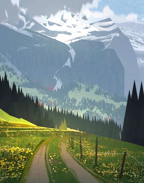 Mountain And Flowers, Henry Wong, Landscape Concept, Environment Art, Colorful Artwork, Landscape Illustration, Environment Design, Environment Concept Art, Environmental Art