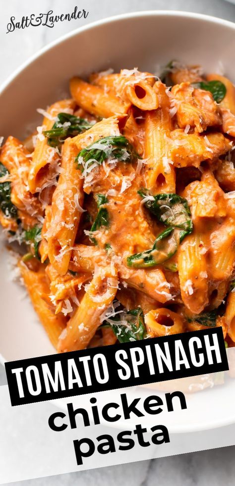 Tomato Spinach Chicken Spaghetti, Easy Weeknight Dinners Pasta, Shredded Chicken And Spinach Recipes, Easy Dinner For One Healthy, College Dinner Ideas Healthy, Easy Dinner Recipes With Vegetables, Red Meat Dinner Ideas, Healthy Rotini Pasta Recipes, Garden Rotini Recipes