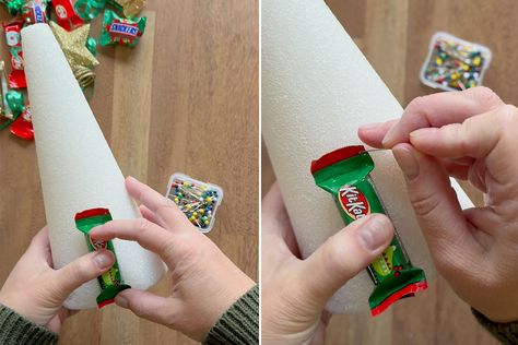 Using straight pins to attach candy to the foam cone. Candy Christmas Trees, Candy Trees, Candy Christmas Tree, Types Of Candy, Easy Diy Christmas Gifts, Straight Pins, Easy Diy Gifts, Holiday Candy, Candy Christmas