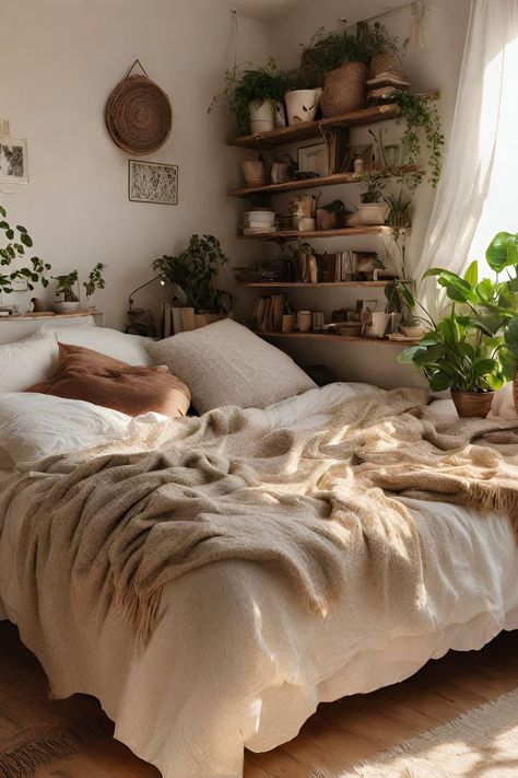 House Decor Earthy, Boho Room Simple, Room Inspo Plants Cozy, Natural Room Inspiration, Sage And Brown Bedroom Aesthetic, Brown Room Furniture Bedroom, Minimalistic Room With Plants, Apartment Bedroom Inspo Aesthetic, Natural Decor Bedroom