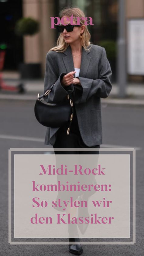 Midiröcke sind absolute Must-haves, die in keiner Garderobe mehr fehlen dürfen. Wir zeigen, wie du den Rock in Midilänge garantiert immer stilvoll kombinieren kannst und teilen die beste Outfit-Inspiration. Oversize Pullover, Must Haves, Blazer