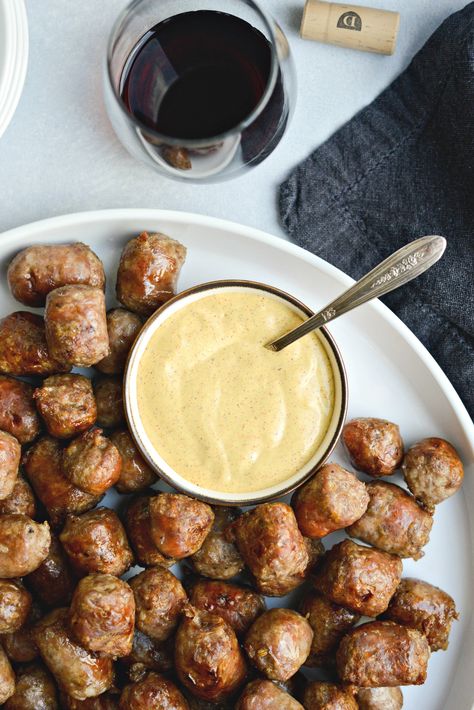 Chardonnay Italian Sausage Bites l SimplyScratch.com (12) Italian Sausage Bites, Sausage Bites, Super Bowl Menu, Sausage Appetizers, Mustard Dip, Bites Recipes, Spicy Mustard, Bowl Party Food, Party Sandwiches