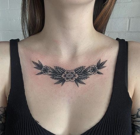 Chest Tattoo Flowers, Traditional Chest Tattoo, Clavicle Tattoo, Traditional Black Tattoo, Abstract Tattoo Ideas, American Traditional Tattoo Ideas, Traditional Tattoo Ideas, Small Chest Tattoos, Throat Tattoo