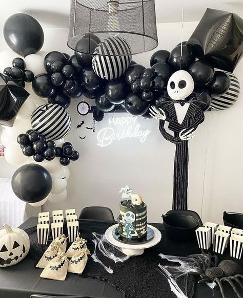 Nightmare Before Xmas Birthday Party, Jack Skellington Party Decorations, Jack Skeleton Party, Jack Skellington First Birthday, Jack Skeleton Birthday Party Ideas, Tim Burton Themed Birthday Party, Jack Skellington Birthday Party Ideas, Nightmare Before Christmas 3rd Birthday, Nightmare Before Christmas Balloon Arch