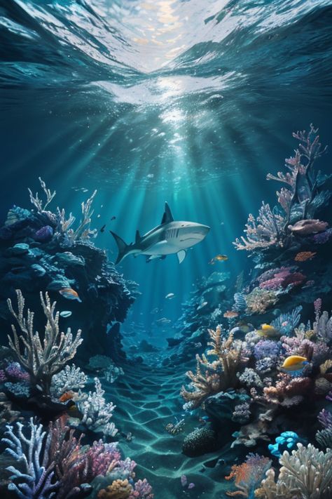 Under Water Coral Reef, Shark In Coral Reef, Ocean Coral Drawing, Coral Reefs Drawing, Aesthetic Coral Reef, Under The Ocean Painting, Coral Reef Aesthetic, Under Water Art, Under Water Photography