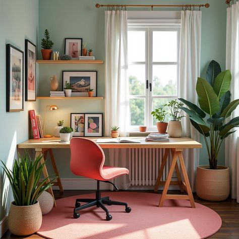 Transform your workspace with these 10 inspiring home office decor ideas, perfect for boosting creativity and productivity. Discover tips, trends, and Pinterest-friendly styles! Working Room Design Home, Bohemian Home Office Ideas, Colourful Home Office, Bright Office Space, Colorful Home Office, Bohemian Home Office, Boosting Creativity, Mid Century Modern Home Office, Home Office Decor Ideas