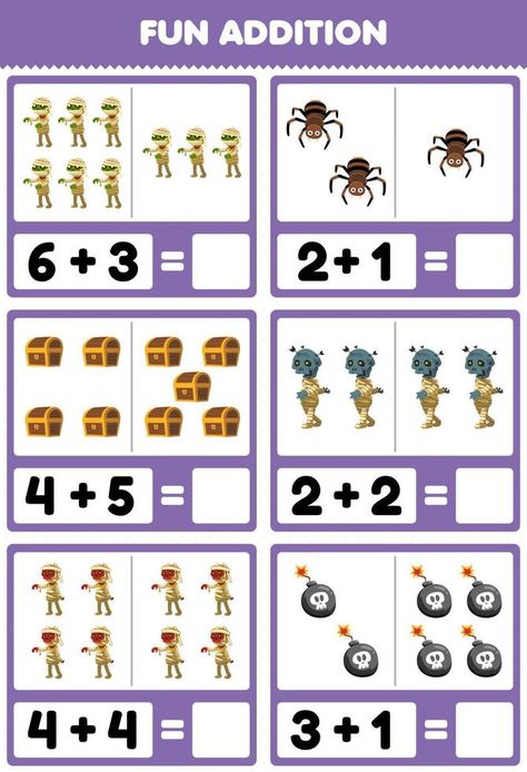 Education game for children fun addition by counting and sum of cute cartoon mummy spider chest bomb halloween printable worksheet Cartoon Mummy, Cartoon Wizard, Magic Orb, Fun Phonics Activities, Animal Worksheets, Game For Children, Addition Worksheets, Spooky House, Halloween Printable