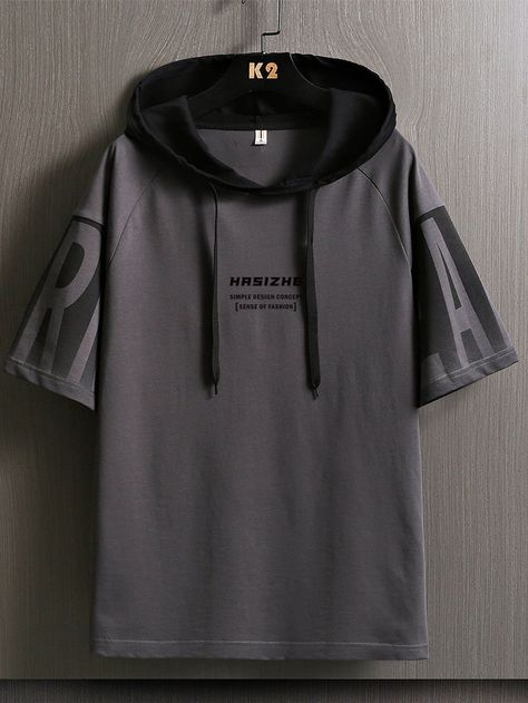 Dark Grey Casual Collar Short Sleeve Polyester Letter Embellished Slight Stretch Men Tops Hoodie Short Sleeve, Stylish Men Wear, Men's Shirts And Tops, Streetwear Jackets, Stylish Hoodies, Hooded Tee, Men Stylish Dress, Guys Clothing Styles, Cool Outfits For Men