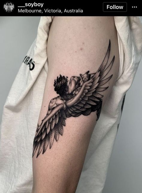 Fall Of Lucifer Tattoo, Icarus Tattoo, Barcode Tattoo, Cupid Tattoo, Cuff Tattoo, Forarm Tattoos, 4 Tattoo, Mythology Tattoos, Greek Tattoos