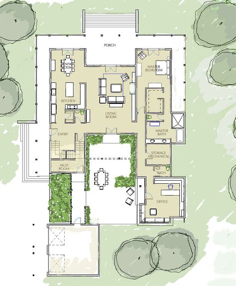 Choose from many architectural styles and sizes of home plans with a courtyard at House Plans and More, you are sure to find the perfect… Mexican Hacienda Floor Plans, Hacienda House Plans, Medium Farmhouse, Hacienda Floor Plans, Mexican Style Homes, Interior Courtyard, Atrium House, Mexican Hacienda, Hacienda Style Homes