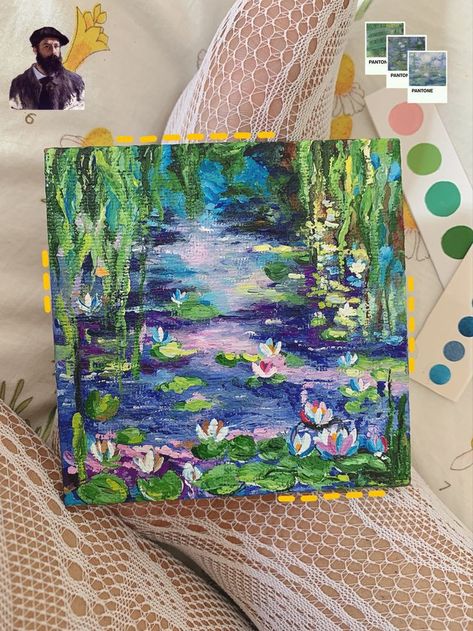 Creative Bookshelf Painting Ideas, Artist With Painting, 8 By 8 Canvas Painting, Mini Canvas Oil Painting Ideas, Easy Monet Paintings, Guache Paintings Ideas, Paintings On Mini Canvas, Painting Ideas Small Canvas, Mini Paintings Aesthetic