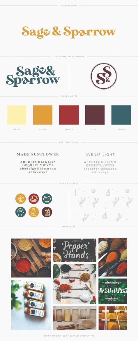 Brand identity kit for Sage & Sparrow includes a custom logo, secondary logo, and a sub mark logo. Alongside the color palette, the kit comes with font pairings, social icons, and pattern that was all inspired by a custom moodb oard. Food Colors Palette, Food Blog Logo, Brand Identity Kit, Branding Mood Board Inspiration, Logo Color Palette, Sushi Logo, Spice Company, Secondary Logo, Food Logo Design