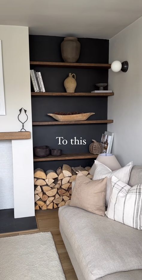 How To Style Alcove Shelves, Lounge Chimney Breast Ideas, Panelling Small Living Room, Black Alcoves Living Room, Chimney Alcove Shelves, Alcove Inspiration, Small Living Room Fireplace Ideas, Log Burner Alcove Shelving, Media Wall With Wood Burner