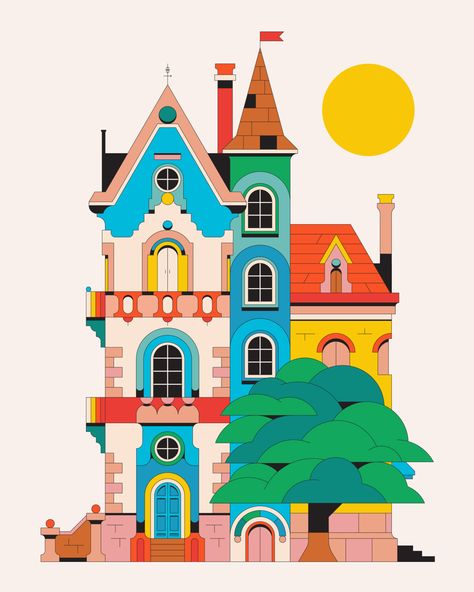 Personal Illustration, Mid Century Illustration, Building Illustration, House Illustration, City Illustration, Book Design Layout, Building For Kids, Illustration Graphic Design, Landscape Illustration