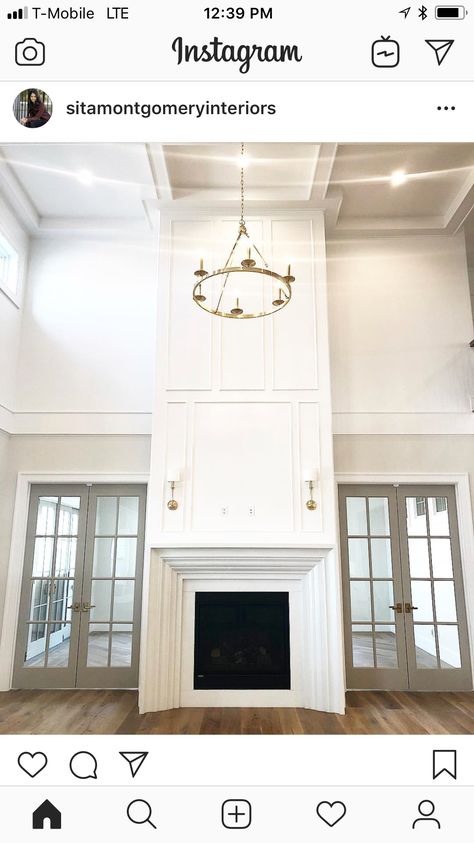 Fireplace??? Fireplace Molding, Two Story Fireplace, Fireplace Trim, No Tv, Tall Fireplace, High Ceiling Living Room, Door Colors, Fireplace Built Ins, Family Room Fireplace