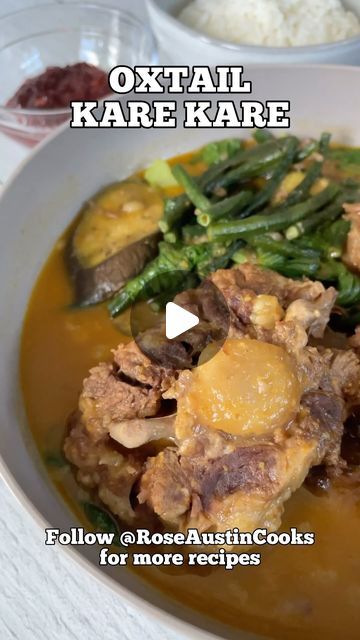 RoseAustinCooks on Instagram: "Kare Kare is a Filipino stew made with oxtail and an assortment of veggies simmered in a savory peanut butter sauce. Tripe is also a common ingredient in this dish, but I decided to leave it out. 

INGREDIENTS: (Yields 8-10 servings)
4 lbs oxtails
1 medium onion, diced
3 garlic cloves, minced
8 cups water
2 (2 oz) packs Kare-Kare mix
1/2 cup smooth peanut butter (you can add more if you prefer a thicker consistency)
1 tbsp beef bouillon base
2 cups long green beans, cut into 2 each pieces
2 Japanese eggplants, sliced
2 bunches baby bok choy
Salt, to taste

#karekare #oxtail #filipinocomfortfood #filipinorecipes #oxtailstew #pinoyfood #roseaustincooks" Long Green Beans, Oxtail Stew, Smooth Peanut Butter, Kare Kare, Peanut Butter Sauce, Pinoy Food, Filipino Food, Butter Sauce, Filipino Recipes