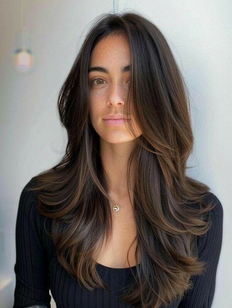 Long Hair Hair Cuts Layers, Dark Brown Hair Face Framing Layers, Layer Haircut With Curtain Bangs Long Hair, Long Face Layers, Long Layered Hair With Curtain Bangs Round Face Haircuts, Layer With Curtain Bangs, Brunette With Layers, Long Layered Brunette Hair, Blended Layers Haircut