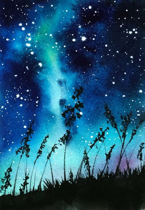 Watercolor Night Painting, Night Sky Watercolor Painting, Nighttime Watercolor, Starry Watercolor, Northern Lights Painting Watercolors, Watercolour Night Sky, Watercolor Northern Lights, Watercolor Starry Night, Galaxy Art Painting