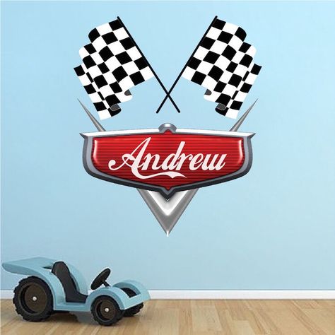 Disney Cars Room, Checkered Flag Decal, Cars Mural, Cars Bedroom, Boys Room Decals, Car Themed Bedrooms, Kids Room Wall Murals, Name Decor, Car Room