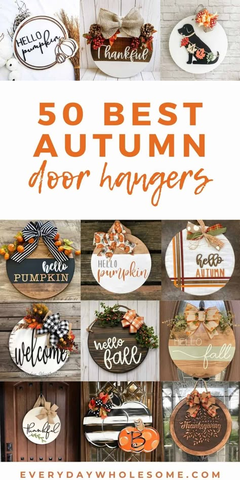 These are 50 Fall Door Hangers for Autumn Season to hang on your door like a wreath for Thanksgiving through Christmas season. Some of this door hanger ideas are wooden, round, pumpkin, wreaths, carved, or painted. Many have ribbons. Most are colored with orange, browns, white, reds and greens. Some are black & white. Some are neutral. Some could be an easy DIY or you can shop this post. #doorhanger #falldoorhanger #fallwreath #falldecor #fallhomedecor #diydoorhanger Round Wooden Door Hangers Diy Fall, Autumn Door Hangers, Autumn Signs Diy, Fall Door Signs Front Porches, Glowforge Signs, Thanksgiving Silhouette, Door Hanger Ideas, Wood Wreaths, Fall Cricut