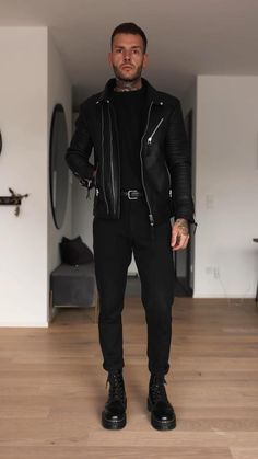 Men’s All Black Club Outfit, Metal Band Outfit Men, Health Goth Men, Mens Techno Outfit, Leather Jacket Outfit Men Formal, Men Rock Style Outfit, Night Out Outfits Men, Mens Black Leather Jacket Outfit, Black Metal Outfit Men