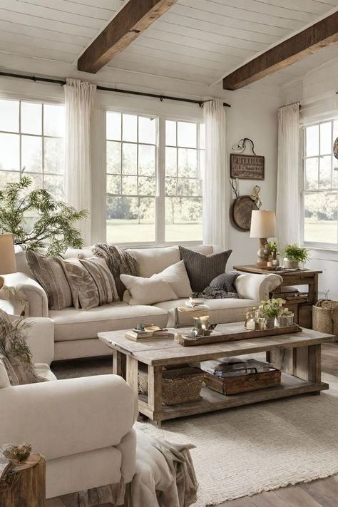 Small Modern Rustic Living Room Ideas, Earthy Farmhouse Living Room, Modern Cottage Interior Living Room, House Color Schemes Interior, Joanne Gaines, Warm Farmhouse, Traditional Sofas, Cottage House Interior, Modern Rustic Living Room