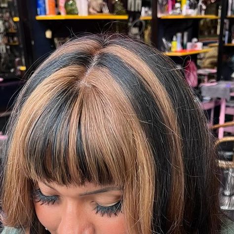 Jenapher on Instagram: "chunky highlights correcting box dye 🫶🏻 thank u angelina!!! #chunkyhighlights #colorcorrection #althairstylist" Chunky Highlights With Bangs, Alt Hairstyles, Highlighted Bangs, Short Hair Highlights, Box Dye, Chunky Highlights, Full Bangs, Short Hair Black, Hair Inspiration Color