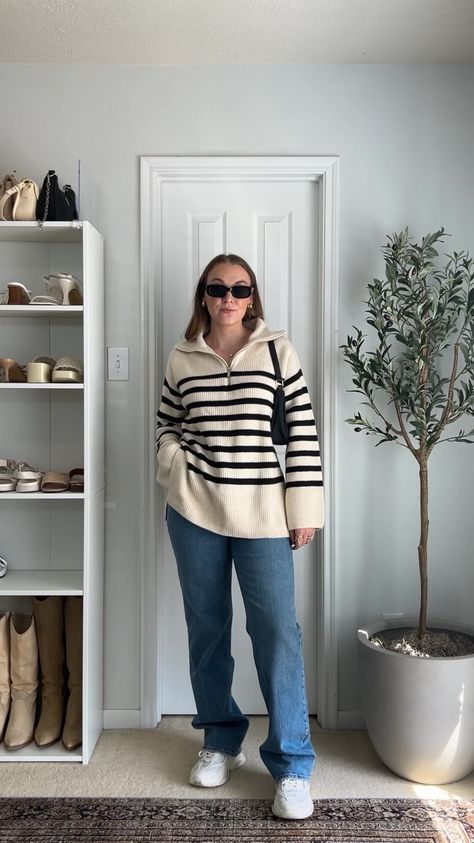 Half Zip Outfit, Half Zip Sweater Outfit, Zip Sweater Outfit, Chunky Sneakers Outfit, White Sneakers Outfit, Chic Clothing Style, Oversized Sweater Outfit, Half Zip Sweater, Simple Fall Outfits