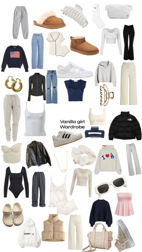 Vanilla girl closet Katie Fang Inspired Outfits, Where To Buy Clean Girl Clothes, European Fashion School, Outfit Ideas Shopping Day, Vanilla Girl Capsule Wardrobe, Vinilla Girl Outfit Ideas, Clothing Essentials Aesthetic, Clothing Asthetic Styles List, Vanilla Girl Aesthetic Outfits Winter