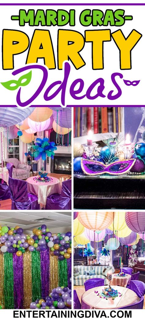 Mardi Gras Party Ideas | Party Backdrops and Room Decor Mardi Gras Party Ideas, Party Decorating Ideas, Mardi Gras Cake, Mardi Gras Party Decorations, Mardi Gras Wedding, Centerpieces Table, Gala Decorations, Mardi Gras Centerpieces, Mardi Gras Food