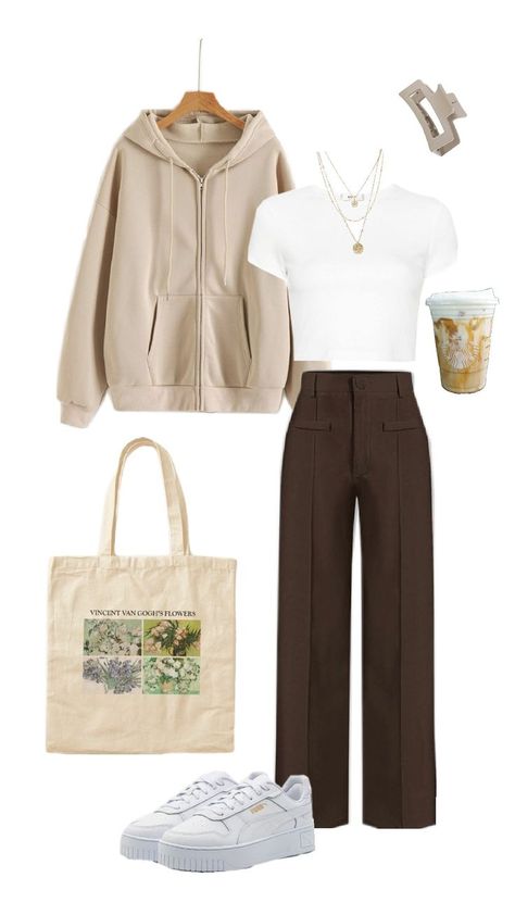 coffee hoodie, white crop tshirt, brown pants, puma white sneakers Date Casual Outfit, Casual College Outfit, Coffee Date Outfit, Coffee Date Outfits, College Outfit, Date Outfit, Casual College Outfits, Coffee Date, Date Outfits