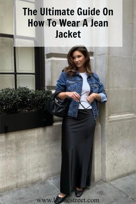 denim jacket outfit, denim jacket style, denim jackets outfit, jean jacket outfits Denim Dress As A Jacket, Jean Jacket With Skirt, Denim Jacket Outfit Spring, Fall Fashion Chic, Chic Skirt Outfits, Denim Jacket Outfits, Jackets Outfit, Jean Jacket Outfit, Split Hem Leggings