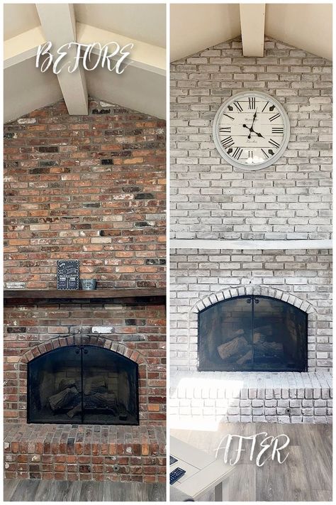 How To Clean Brick Fireplace, White Wash Fireplace Brick, Wash Brick Fireplace, Whitewash Brick Fireplace, Fireplace Updates, Brick Fireplace Remodel, Whitewash Brick, Stained Brick, White Wash Brick Fireplace