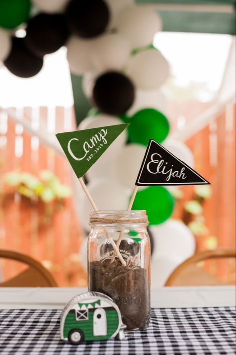 Camping Birthday Centerpiece, Camping Birthday Party Centerpieces, Camping Theme Centerpieces, One Happy Camper Centerpieces, Bucket Centerpiece, Happy Camper Birthday Party, Diy Kids Party, Camping Birthday Party, Boys 1st Birthday Party Ideas