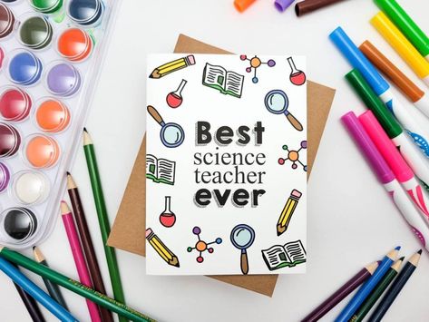 "Spread some appreciation to a special Science Teacher with this fun and colorful, high quality greeting card! - Card measures 4x5.5 inches - Printed on high-quality white cardstock - Brown Envelope Included - BLANK inside, ready to personalize OR - Select the \"Custom Message\" option at checkout to have your own, personalized words printed inside! Then include the message you would like printed in the \"notes\" section at checkout. Cards are packaged to ensure no rips, wrinkles, or damage. Che Science Teacher Thank You Cards, Science Cards Thank You, Teachers Day Card Science Teacher, Birthday Cards For Science Teachers, Teacher Day Card For English Teacher, Birthday Card For Science Teacher, Gift For Science Teacher, Greeting Card For Science Teacher, Science Teacher Card Ideas