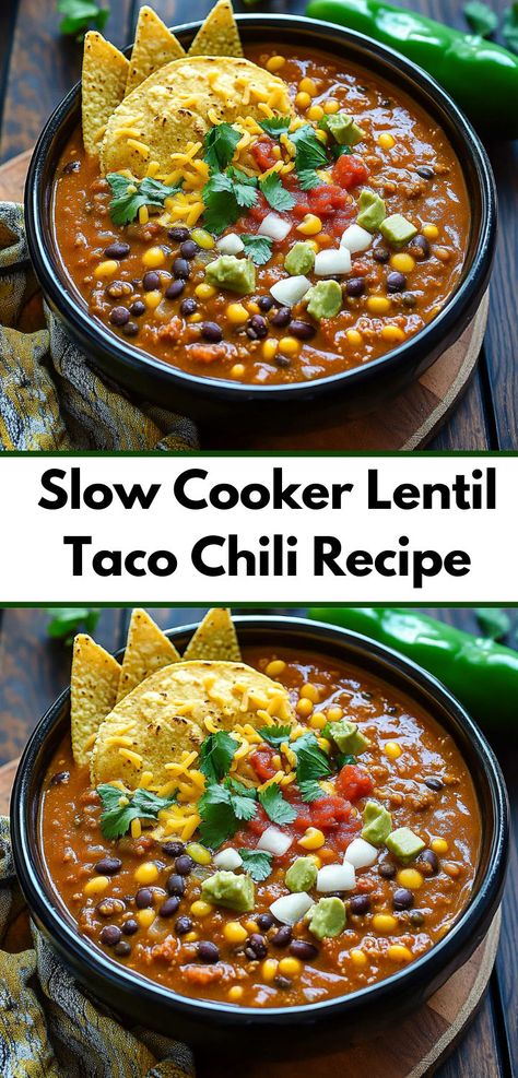 Need slow cooker recipes? This Slow Cooker Lentil Taco Chili Recipe is the answer! It’s one of the best chili recipes, easy to make in a crockpot. Perfect for dinner recipes or chili meals for any occasion. Slow Cooker Lentil Taco Chili, Crockpot Vegan Chili Recipe, Taco Chili Instant Pot, Lentil Chili Recipe Crockpot, Crockpot Lentil Chili, Veal Chili Recipes, Chili Crock Pot Recipes, Paleo Chili Crockpot, Fall Lentil Recipes