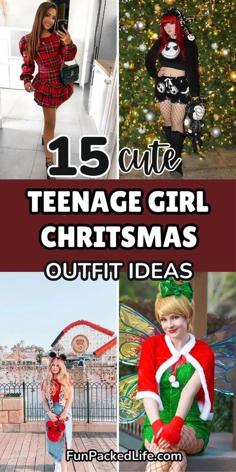 Image showcases four Christmas outfit ideas for teenage girls, each offering a unique holiday style. The text reads '15 Cute Teenage Girl Christmas Outfit Ideas' in bold, playful fonts. Outfits include a red plaid dress, a Nightmare Before Christmas-themed ensemble, a Disney-inspired look with Minnie Mouse ears, and a Tinkerbell Christmas costume with green and red details. The theme emphasizes festive fashion for holiday season, perfect for teens seeking fun and stylish Christmas outfit ideas. Christmas Outfits Teen Girl, Christmas Outfit For Teenage Girl, Teen Holiday Outfits, Teen Christmas Outfits, Christmas Outfit Ideas For Teens, Christmas Outfit Ideas For Teenagers, Christmas Outfits Teens, Diy Christmas Costumes, Christmas Character Costumes