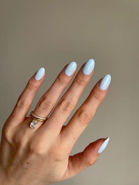 Nails 2023 Trends Light Blue, Blueberry Milk Pedicure, Powder Blue Dip Nails, Light Blue Milky Nails, Blueberry Milk Manicure, Cloud Blue Nails, Pale Blue Gel Nails, Blueberry Blue Nails, Milky Light Blue Nails