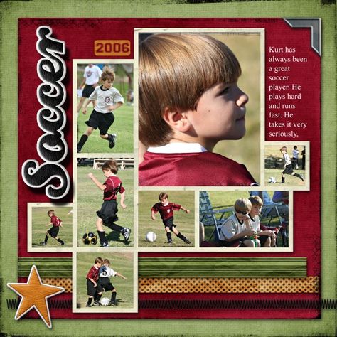 #Kid #Soccer Layout Multiple Photo Scrapbook Layouts, Gymnastics Layout, Scrapbook Layouts Multiple Pictures, Sports Layout, Sport Ideas, Snow Pics, Scrapbooking Sports, Bridal Shower Scrapbook, Sport Pictures