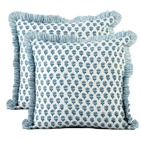 PRICES MAY VARY. 100% Cotton PACKAGE INCLUDES: Set of 2 patterned 20x20 Inch ruffle farmhouse pillows that have a modern look with vintage patterns. This statement soft accent pillows has a unique striped ruffle boho design that makes a perfect decoration for bedroom, living room, farmhouse, car, outdoor or indoor and almost all spaces. UNIQUE DESIGNS: These cushion cover designs are made with 14 inch enclosed hidden zipper for shape maintainence and enhanced look. These are unique and one of a Pillows For Living Room, Ruffle Pillow, Block Printed Pillows, Green Throw, Green Throw Pillows, Decorative Pillows Couch, Hamptons Style, Blue Throw Pillows, Boho Pillow