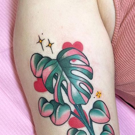 Clara on Instagram: "Cloud’s Monstera in tattoo form! ✨ Thank you so much - was lovely to meet you! 💕✨ . . . #planttattoo #botanicaltattoo #neotraditionaltattoo #bristoltattoo" Monstera Plant Tattoo Traditional, Neo Traditional Monstera Tattoo, Neo Traditional Hydrangea Tattoo, Neotraditional Plant Tattoo, Neo Traditional Botanical Tattoo, Monstera Tattoo Traditional, Plant Tattoo Traditional, Neo Traditional Leaves, Colour Flower Tattoo