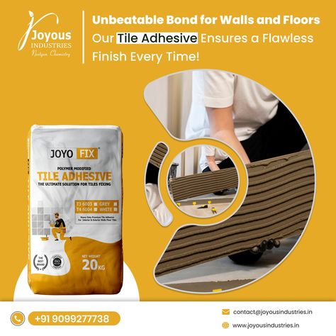 Joyous® Heavy Outy Premium Tile Adhesive is the ultimate solution for fixing interior and exterior wall floor tiles. With nextgen chemistry and certified quality, our adhesive is perfect for all your tiling needs. Contact us +91 9099277738 . Follow @joyousindustries . #joyous #joyousindustries #tileadhesive #construction #greensbr #stoneadhesive #adhesive #wallprimer #tileepoxygrout #glassmarbletileadhesive #blockjointmortar #stonelobster #floorhardenerpowder #wallsil #tilelobster #statilea... Wall Primer, Epoxy Grout, Tile Adhesive, Tile Spacers, Company Bag, Tile Grout, Adhesive Tiles, Glass Marbles, Wall And Floor Tiles