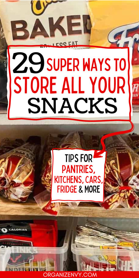 A snack station in a pantry with under shelf basket and clear handled bins Kitchen Snack Organization, Small Pantry Snack Organization, Bread And Chip Storage Ideas, Gatorade Storage Ideas, Chip Bag Organization Pantries, Crisp Packet Storage Ideas, Countertop Snack Organization, Storing Snacks In Pantry, Grocery Organization Ideas