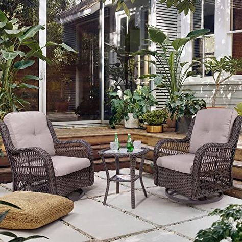 Joyside Outdoor Swivel Rocker Patio Chairs Set of 2 and Matching Side Table - 3 Piece Wicker Patio Bistro Set Patio Swivel Rocker Chairs with Premium Fabric Cushion(Brown/Grey) Backyard Chairs, Outdoor Wicker Rocking Chairs, Swivel Rocker Chair, Curved Table, Swivel Rocking Chair, Rattan Patio Furniture, Wicker Patio Furniture Set, Rocking Chair Set, Rocker Chairs