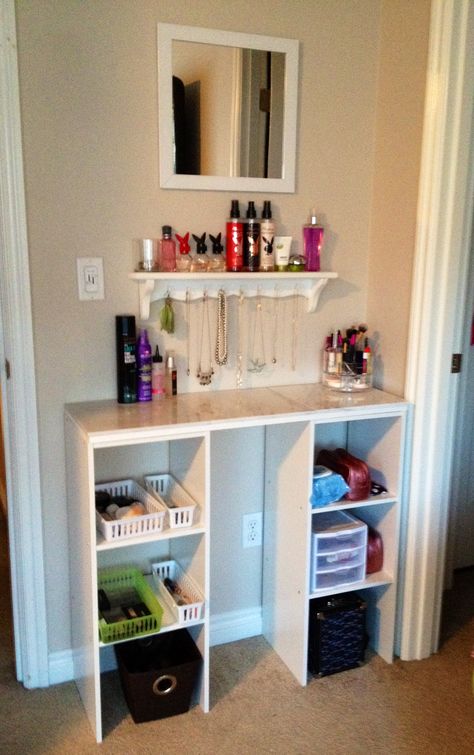 Created for under $50 1-shelf plank 36'' 9$ @ Home Depot 1-square mirror 6$ @ Target 1-wooden shelf 3$ @ Thrift Store 2-closetmaid shelves 11$ each @ Walmart 3-1'x1' marble tiles 3$ each @ Home Depot 1 pack of cup hooks @ dollar store Table Vanity, Small Pantry, Apt Ideas, Dekorasi Kamar Tidur, Casa Vintage, Mirror On The Wall, Makeup Table, Diy Interior, Closet Ideas