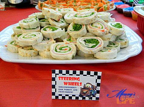 "STEERING WHEELS" - DELI PINWHEELS -- Mommy's Modern Life: How-To: Car-Themed Birthday Party on a Budget Rc Car Themed Birthday, Transportation Birthday Food Ideas, Transportation Themed Food, Pixar Cars Food Ideas, Cars Food Ideas, Need Four Speed Birthday Food, Cars Birthday Food Ideas, Cars Theme Food, Lightning Mcqueen Birthday Party Ideas Food